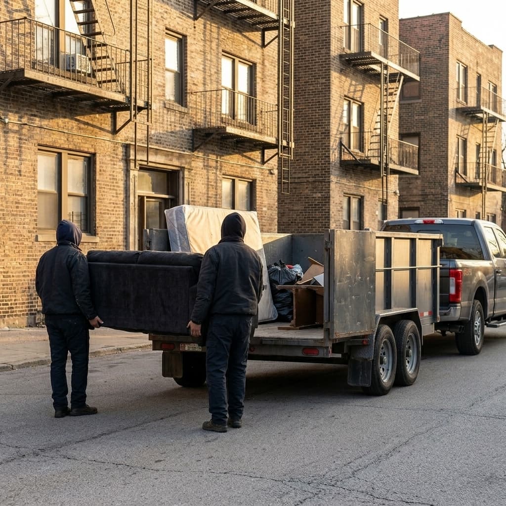 Crew removing a couch from a ground-floor unit